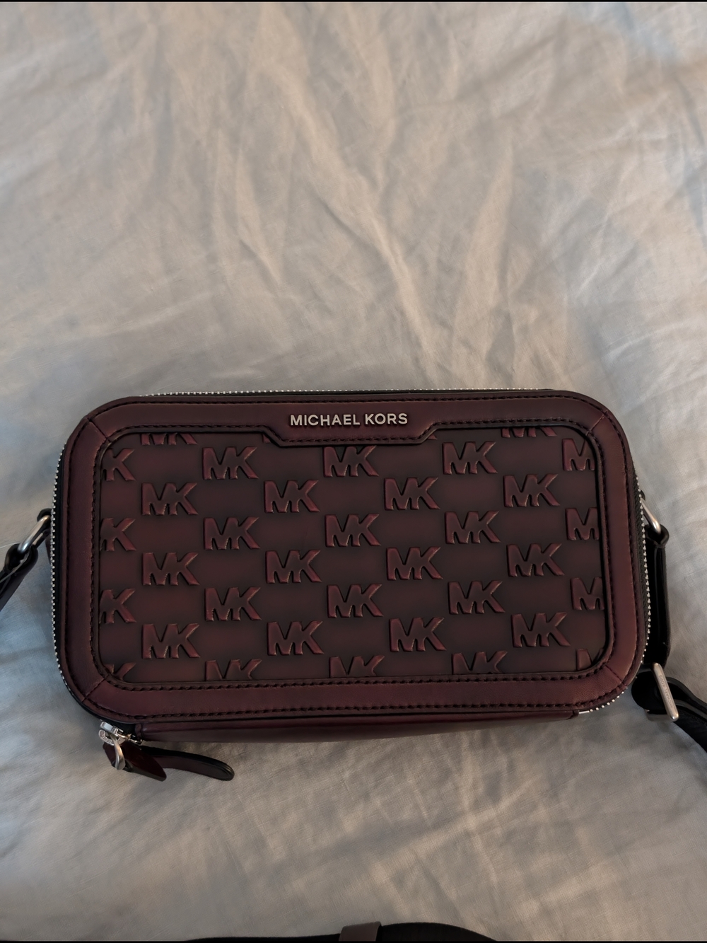 Michael Kors Men's MK Raised Logo Burgandy Burnished Leather Crossbody Bag - Picture 12 of 14